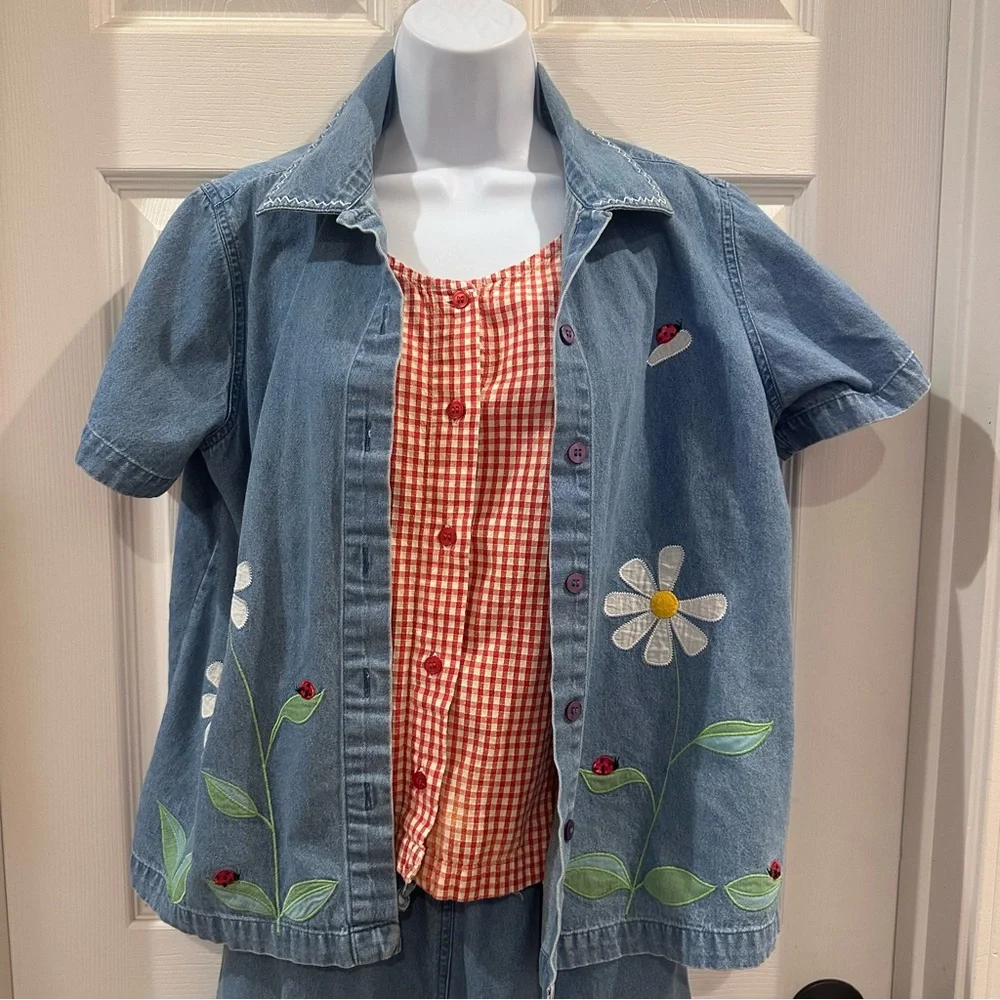 Ms. Lee Vintage Floral Embroidered Denim Set with Red Gingham Top Medium - Picture 2 of 13